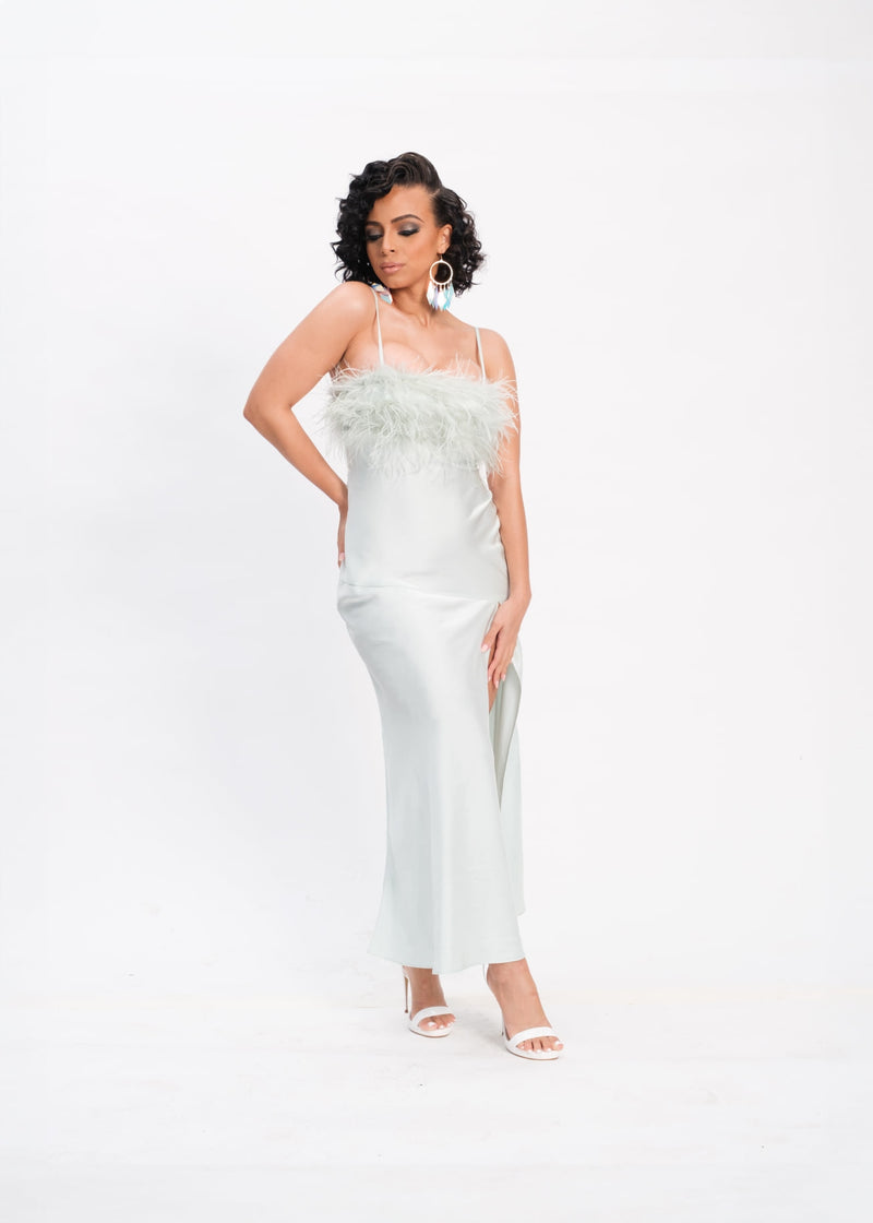 For Love Satin Feather-Embellished Maxi Dress