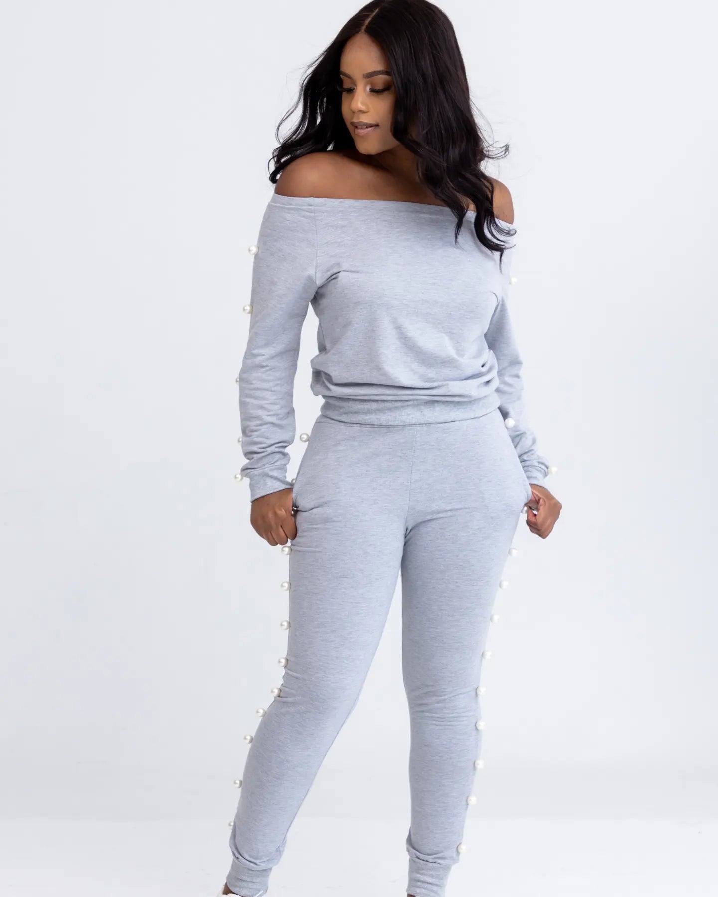 Chill Style Pearl-Embellished Off-Shoulder Top and Joggers Set