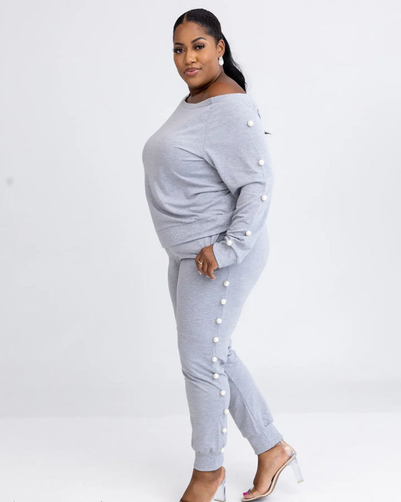 Chill Style Pearl-Embellished Off-Shoulder Top and Joggers Set – KPLuxshop