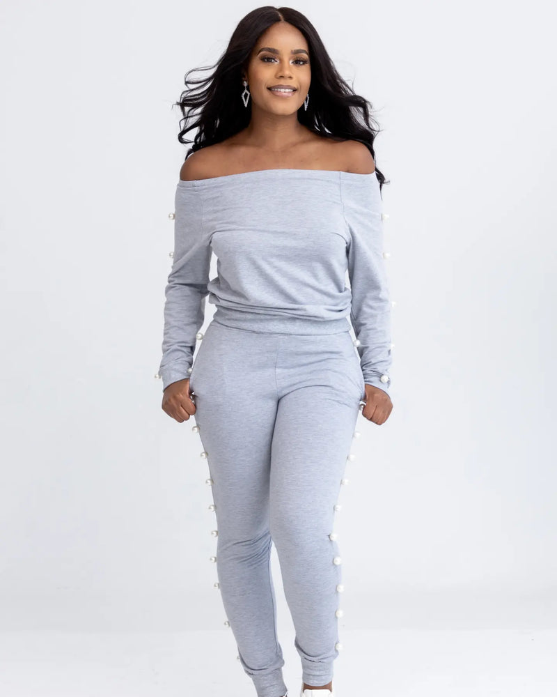 Chill Style Pearl-Embellished Off-Shoulder Top and Joggers Set